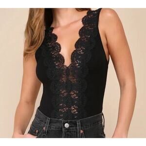 Lulus Ravalli Black Lace Ribbed Sleeveless Bodysuit Women's Size Small Summer